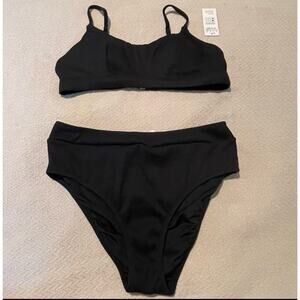 Womens Extra Small 2 Piece Swimsuit Black Ribbed Scoop Neck High Waist Bikini